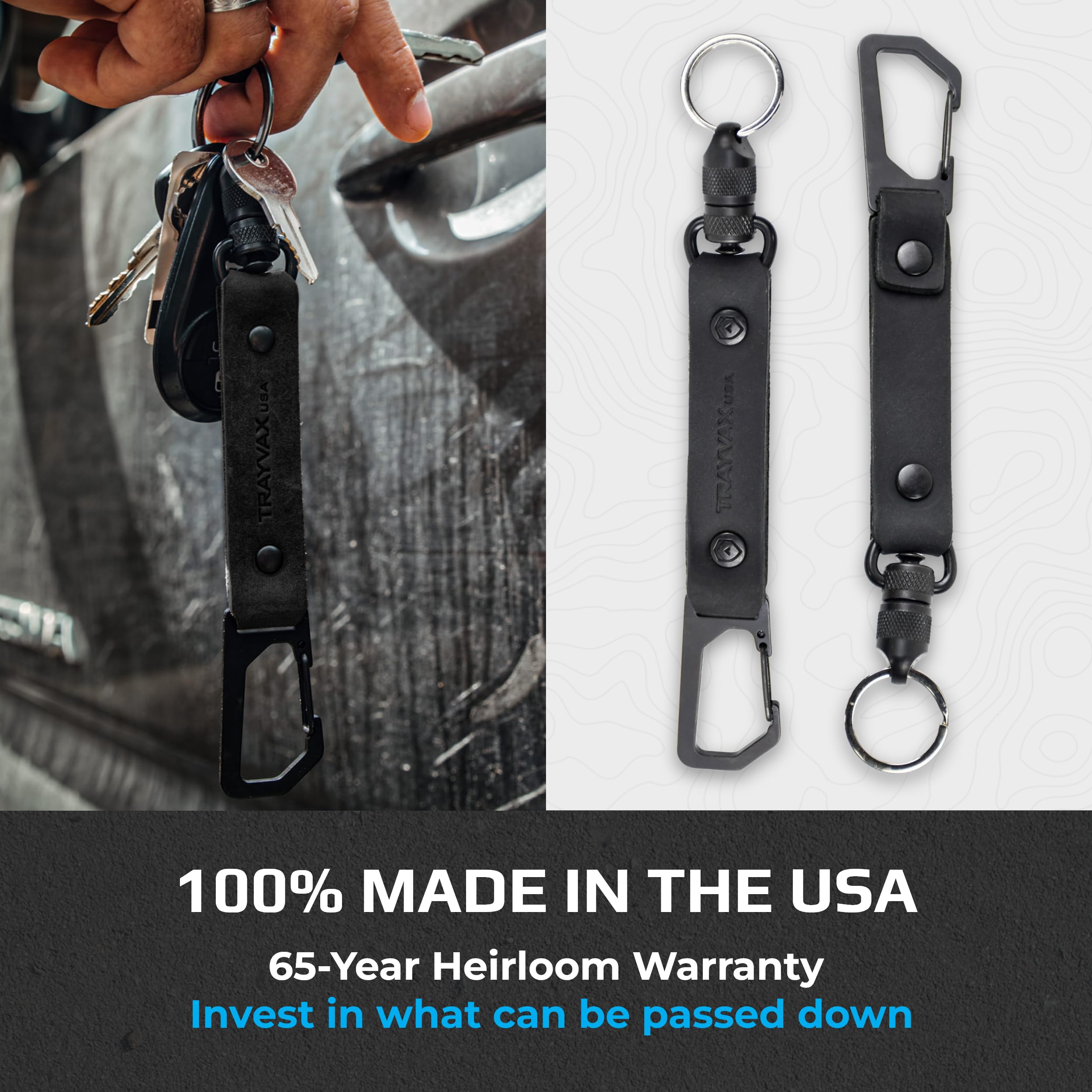 Trayvax stealth black leather keychain attached to backpack for easy reach