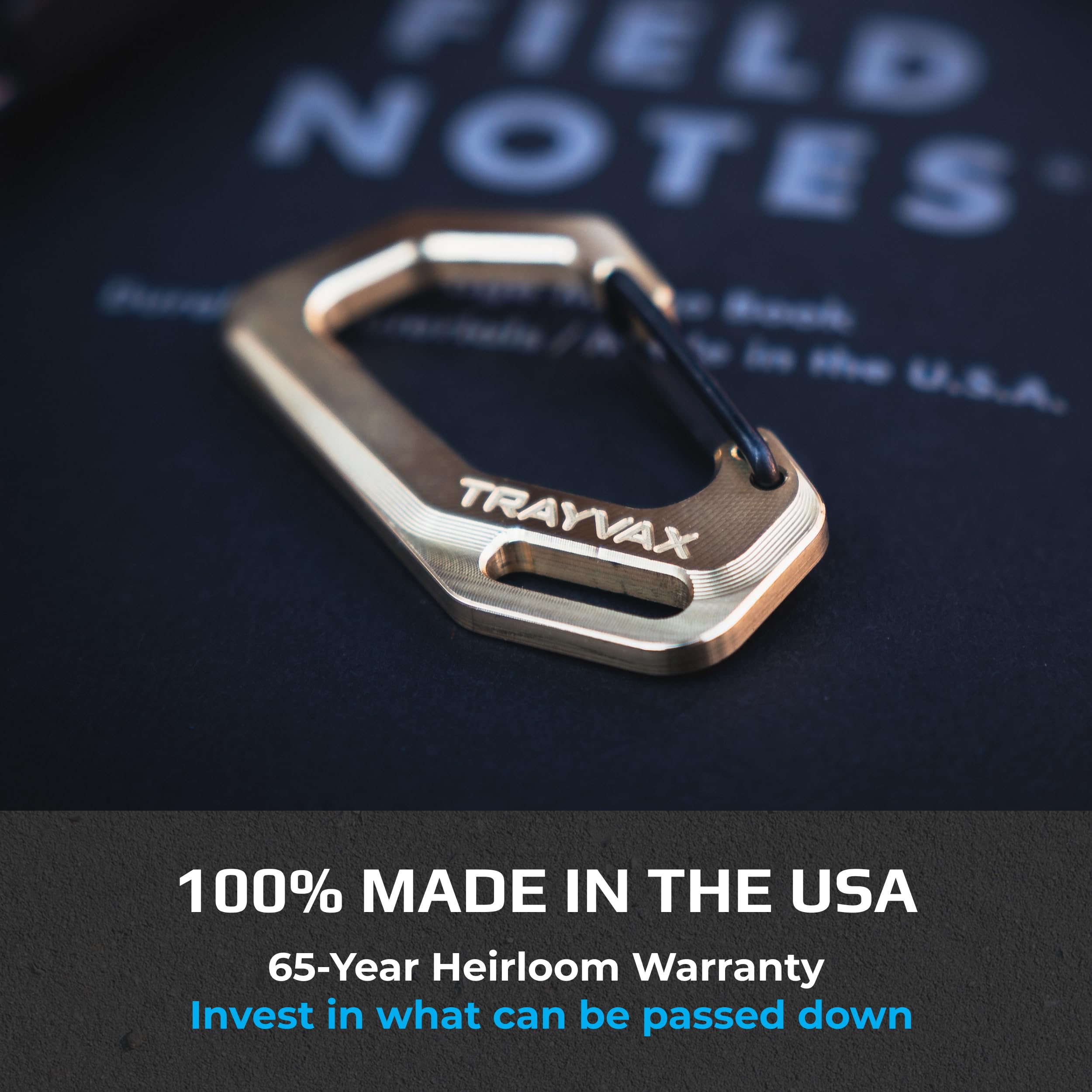 Trayvax titanium carabiner closeup shows a durable precise build