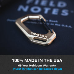 Trayvax titanium carabiner closeup shows a durable precise build