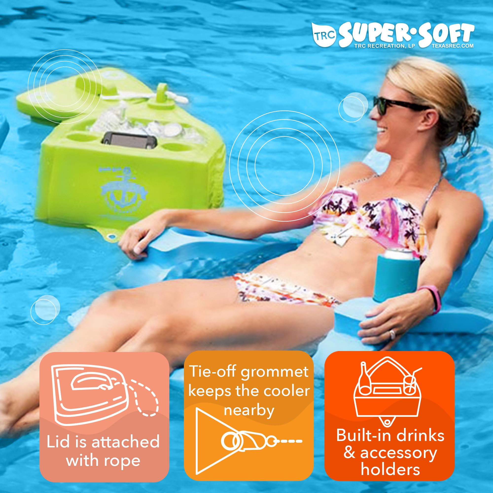 TRC Recreation Goodlife Drink Kooler accessory holders hold sunglasses and sunscreen within easy reach.
