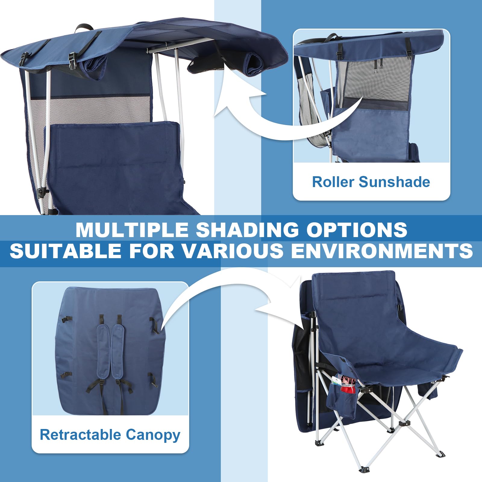 The Treasmap navy-blue folding chair features sturdy materials and versatile outdoor use.