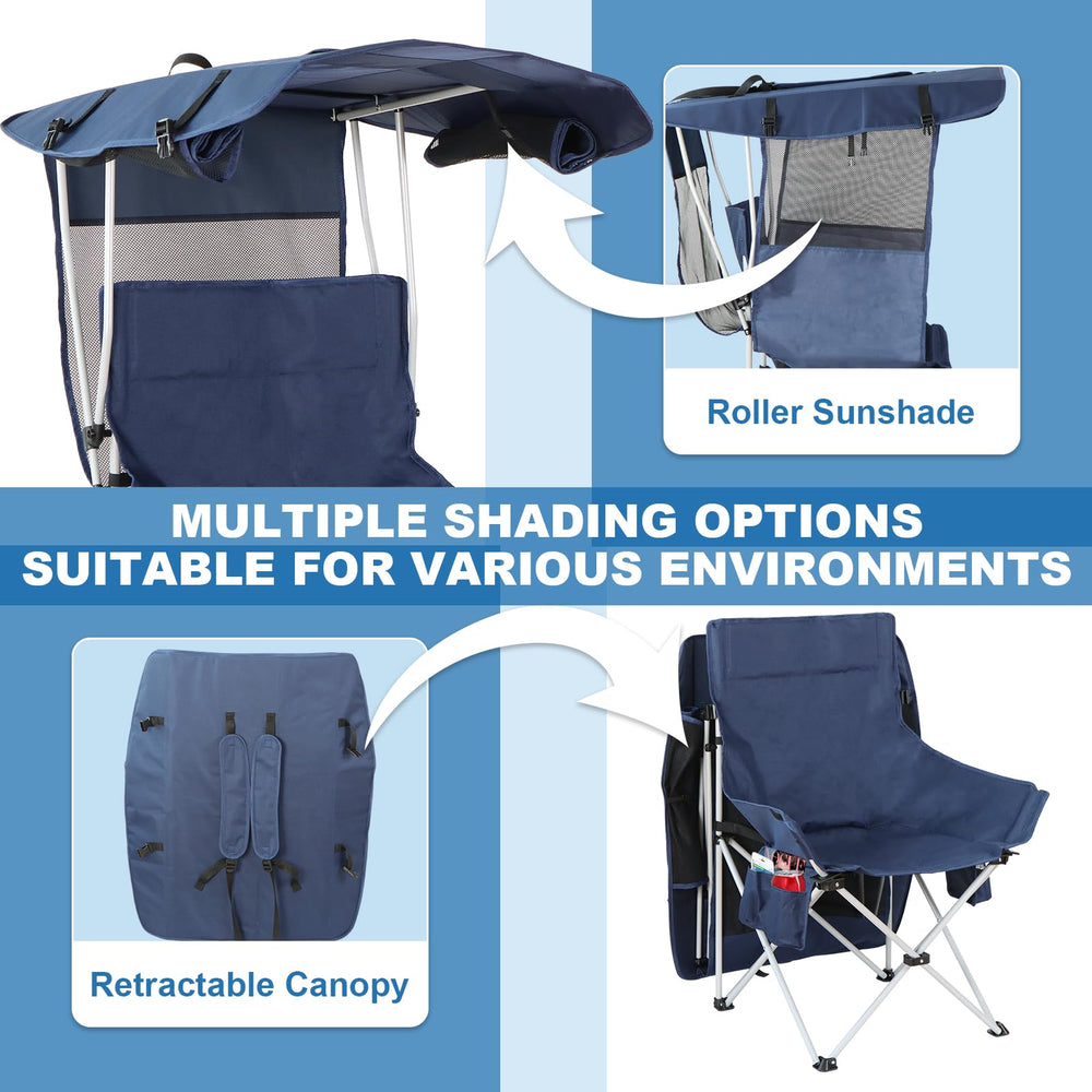 The Treasmap navy-blue folding chair features sturdy materials and versatile outdoor use.
