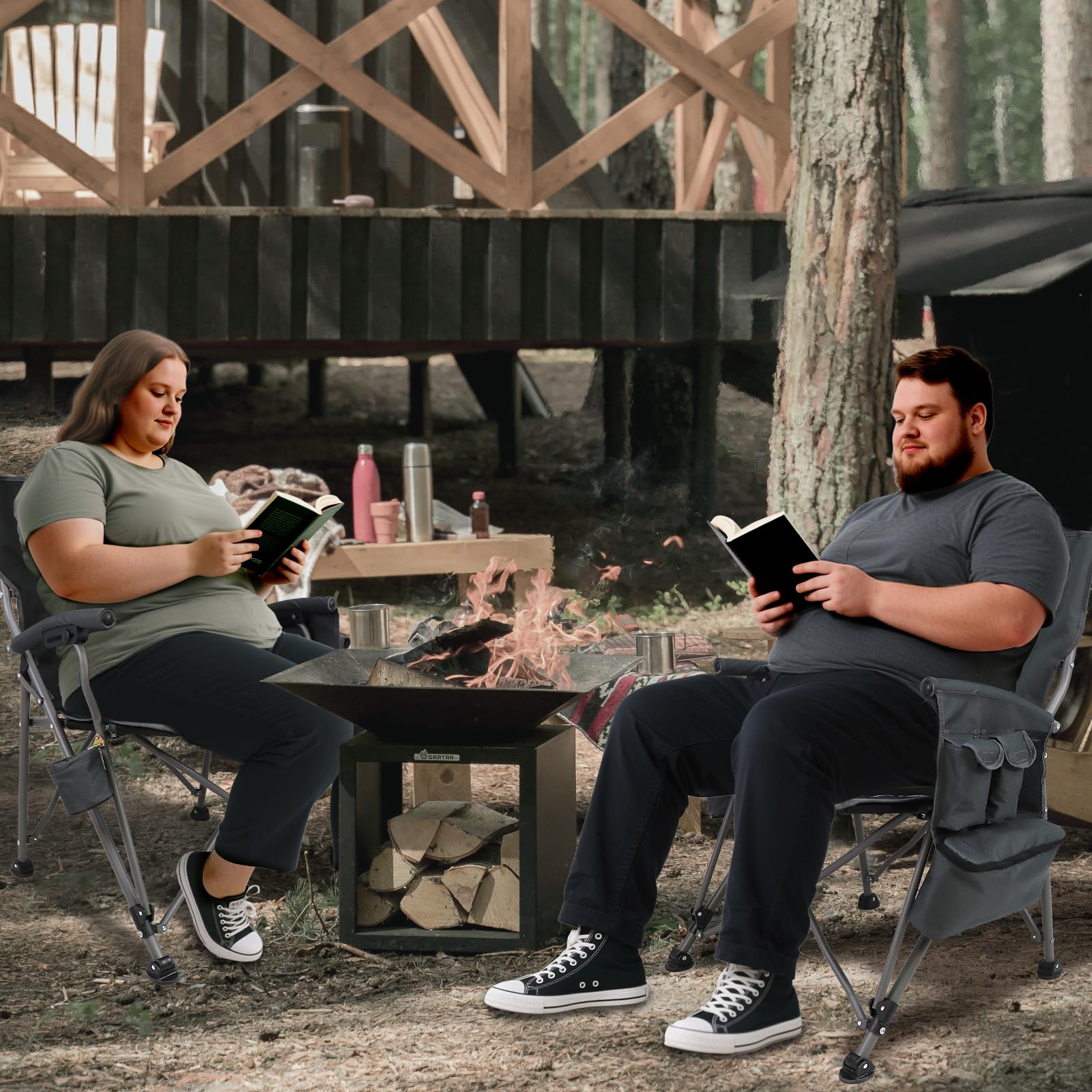 The Treasmap heated chair side view emphasizes sturdy legs and stability on uneven ground