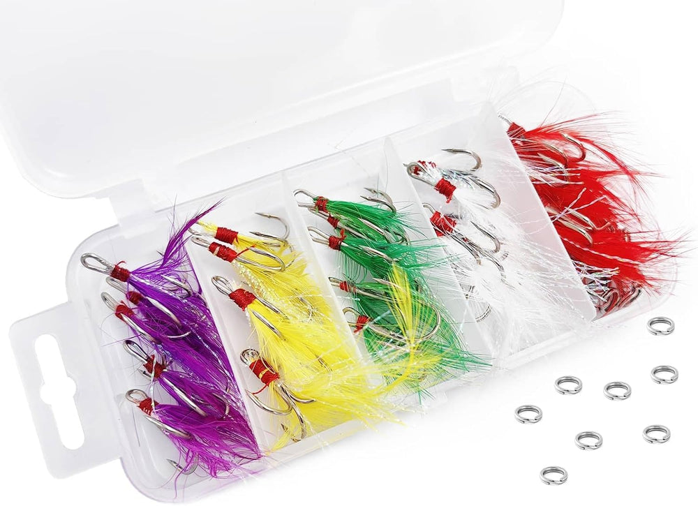 Feather dressed treble hooks with split rings for lure making