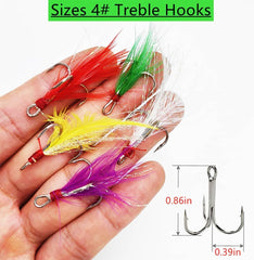 Close-up of feather dressed treble hooks