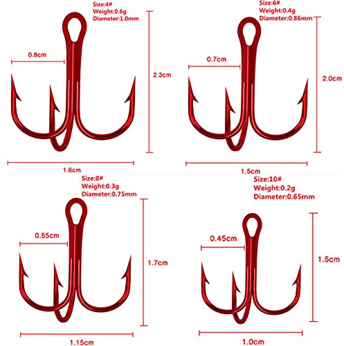 Assorted treble hook sizes 2, 4, 6, 8, 10 (10pcs each)