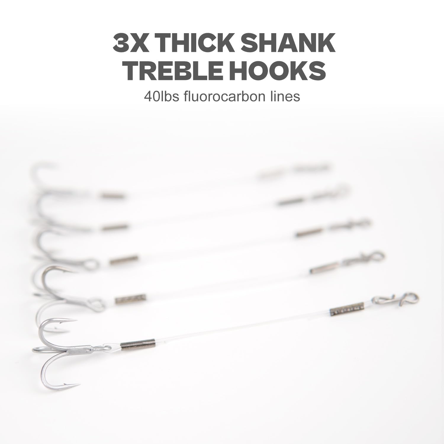 Close-up of 3X treble hooks sizes #6 and #8