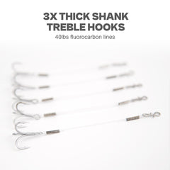 Close-up of 3X treble hooks sizes #6 and #8