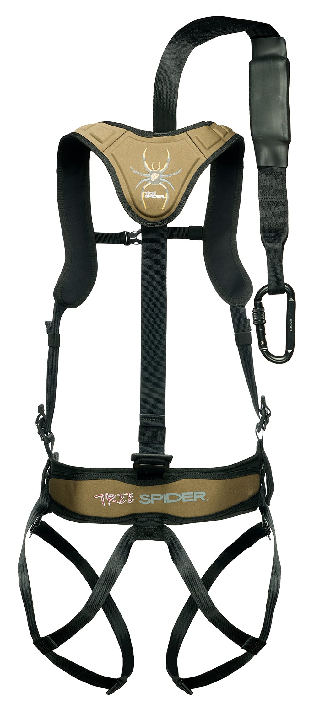 TREE SPIDER Venom Harness includes carabineer and suspension relief strap for ready use.