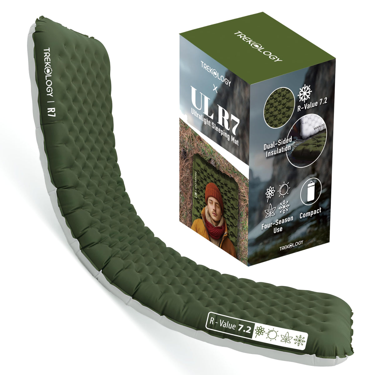 TREKOLOGY UL R7 sleeping pad inflated to 70.8 by 24 inches for spacious camping comfort.