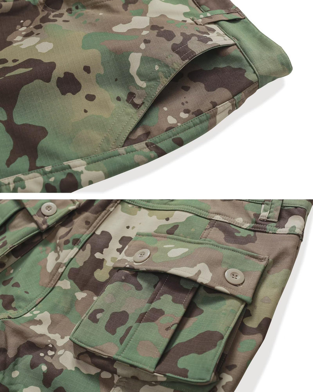 TRGPSG camo fleece-lined pants fabric detail reveals rugged softshell texture and durability