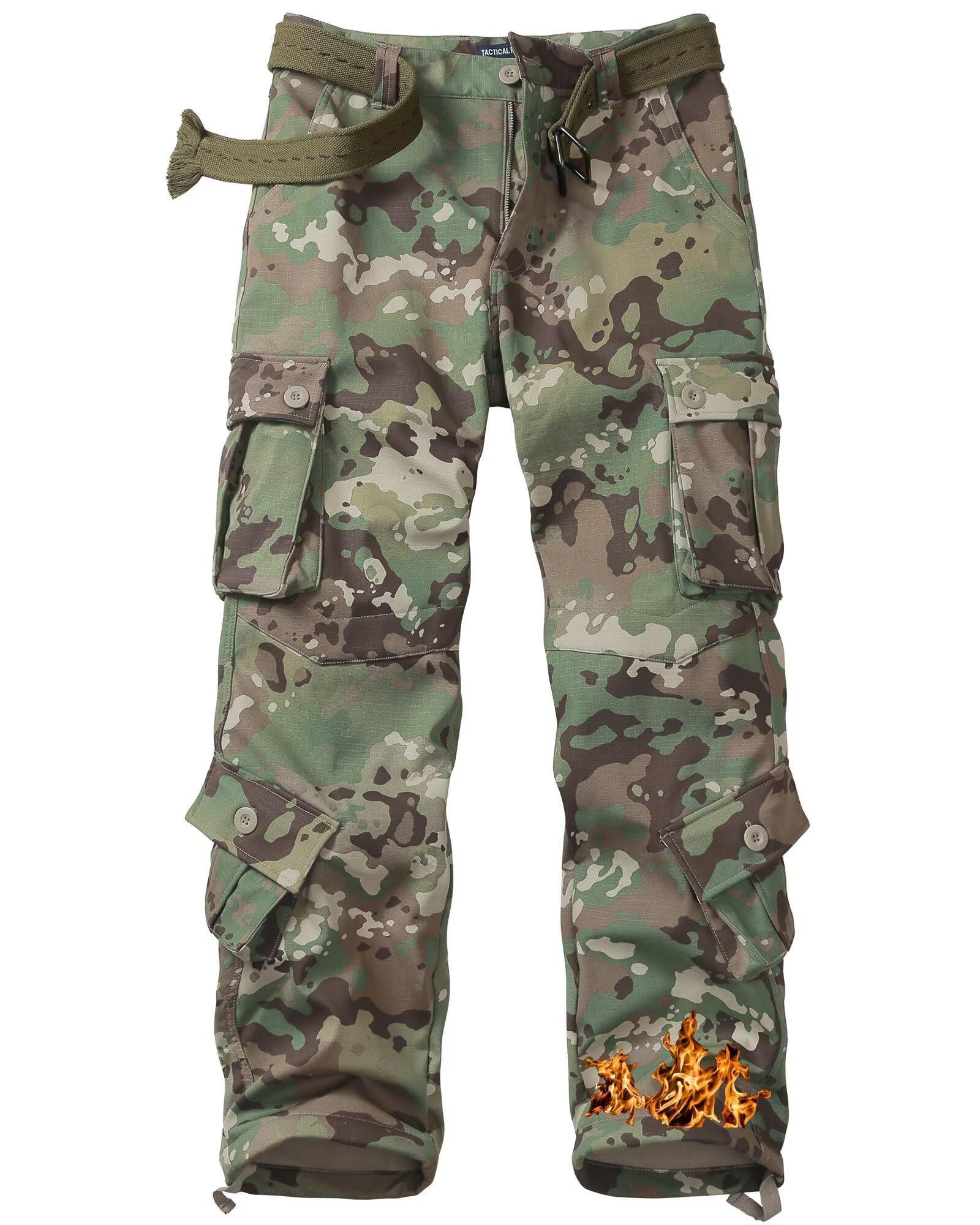 TRGPSG men's fleece-lined hiking pants camo front view highlighting eight-pocket practicality for outdoor adventures