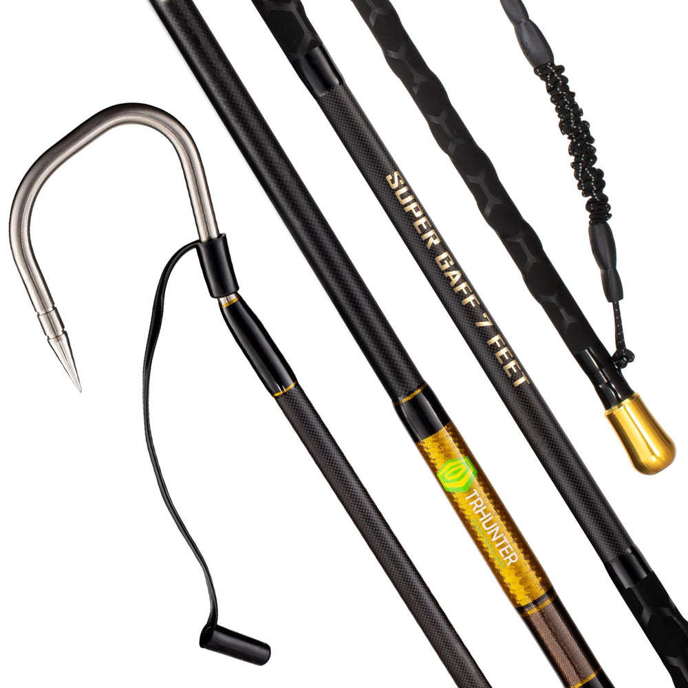 TRHUNTER carbon fiber gaff body held for lightweight strength on saltwater trips.
