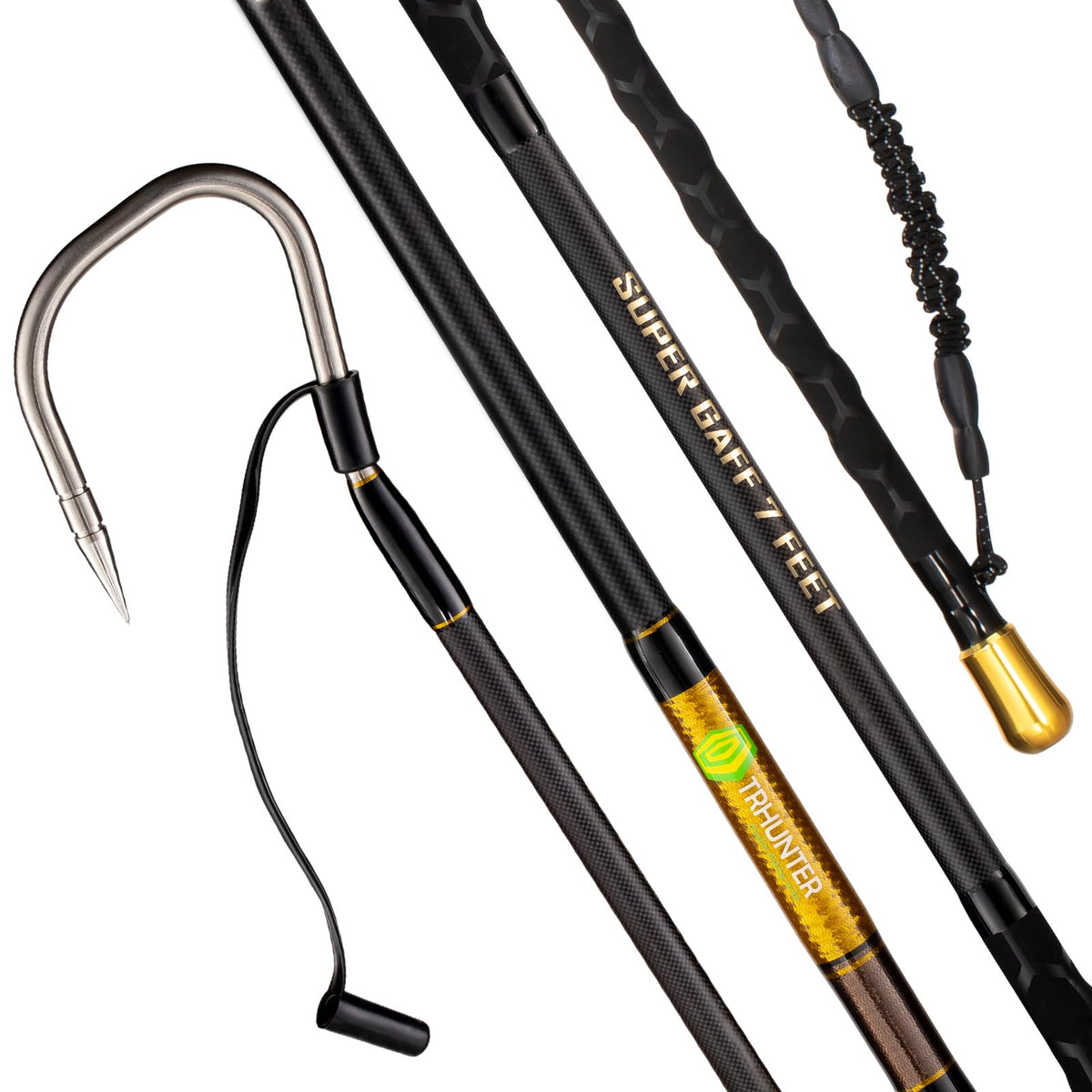 TRHUNTER carbon fiber gaff body held for lightweight strength on saltwater trips.