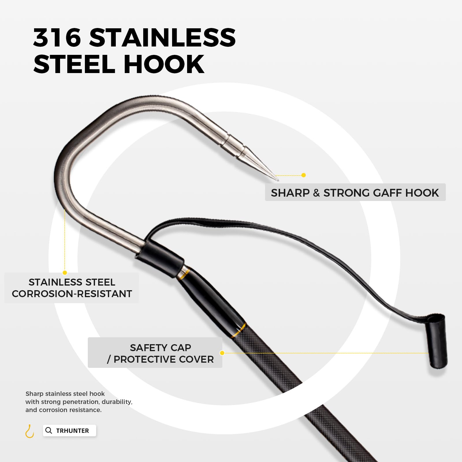TRHUNTER gaff hook stainless close-up emphasizes corrosion-resistant S316 performance.