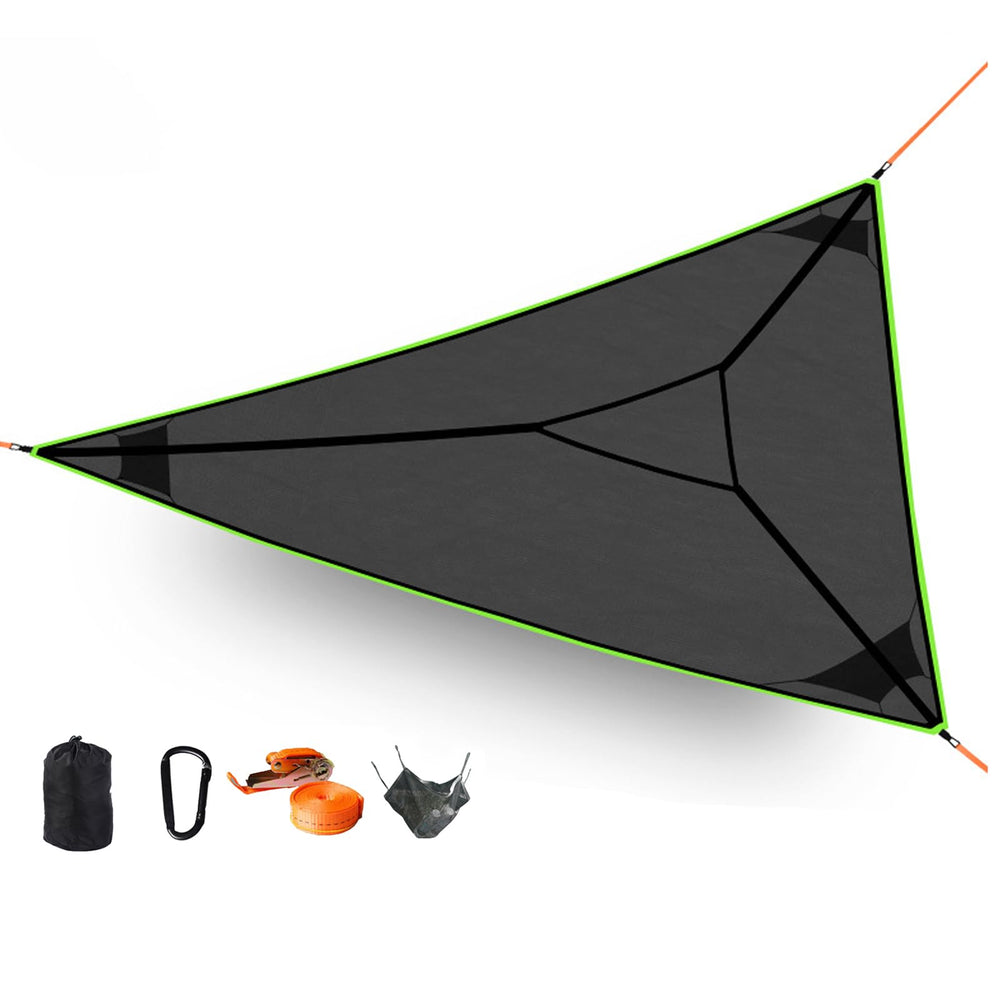 Triangle Hammock shows quick, sturdy setup in backyard for outdoor relaxation.