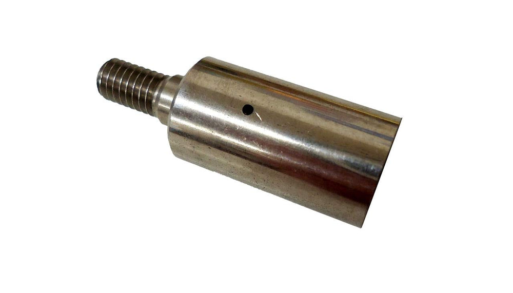 Trident spearpoint adapter shows 6mm male to half-inch slip-on fit for fiberglass poles.