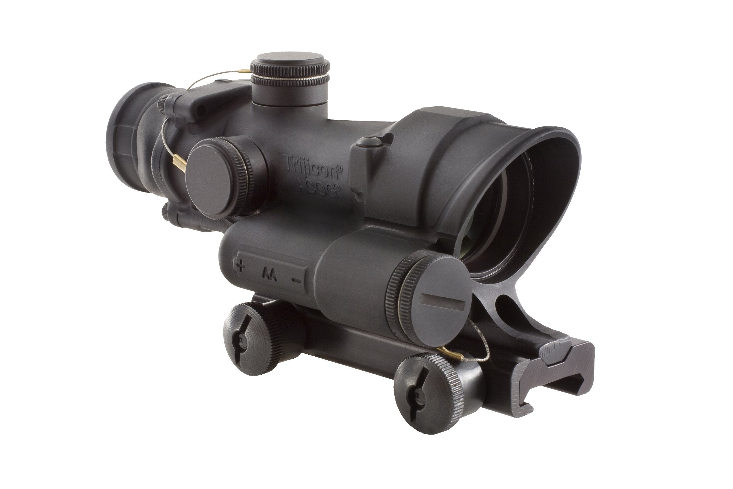 Trijicon TA02 LED scope front view highlights rugged black finish and field readiness.