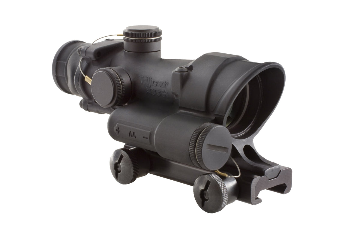 Trijicon TA02 LED scope front view highlights rugged black finish and field readiness.