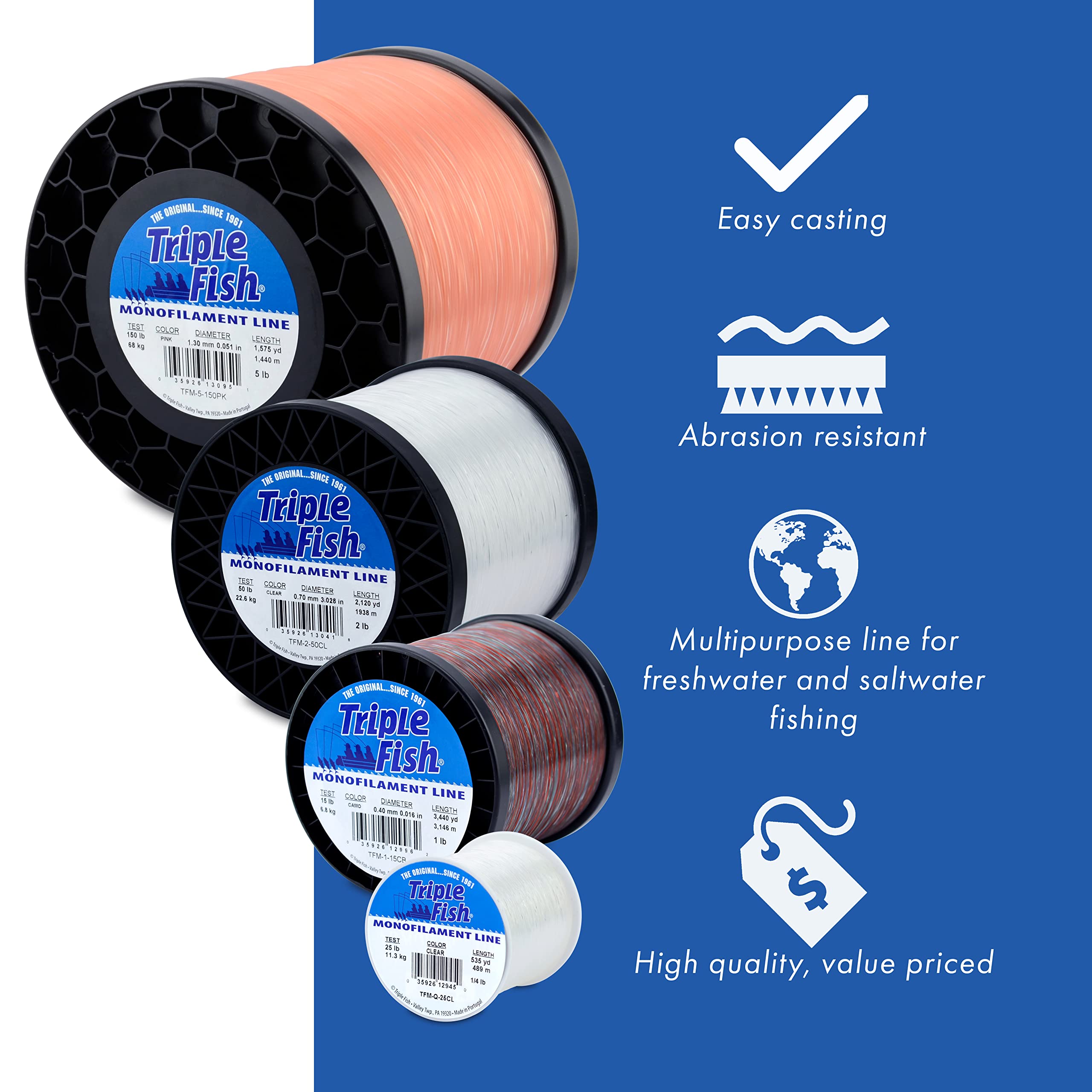 Triple Fish Monofilament Line compatible with spinning and conventional reels for easy casting.