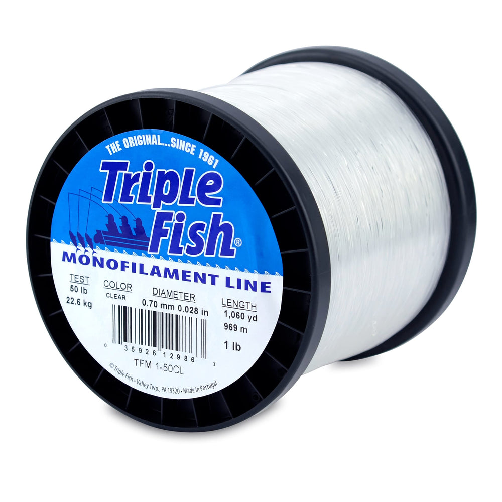 Triple Fish monofilament spool in clear color for stealthy water presentations