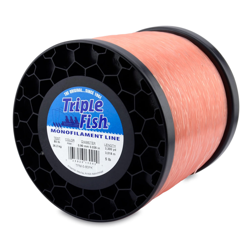 Triple Fish monofilament line pink spool 80 lb demonstrates strong knots for heavy tackle.