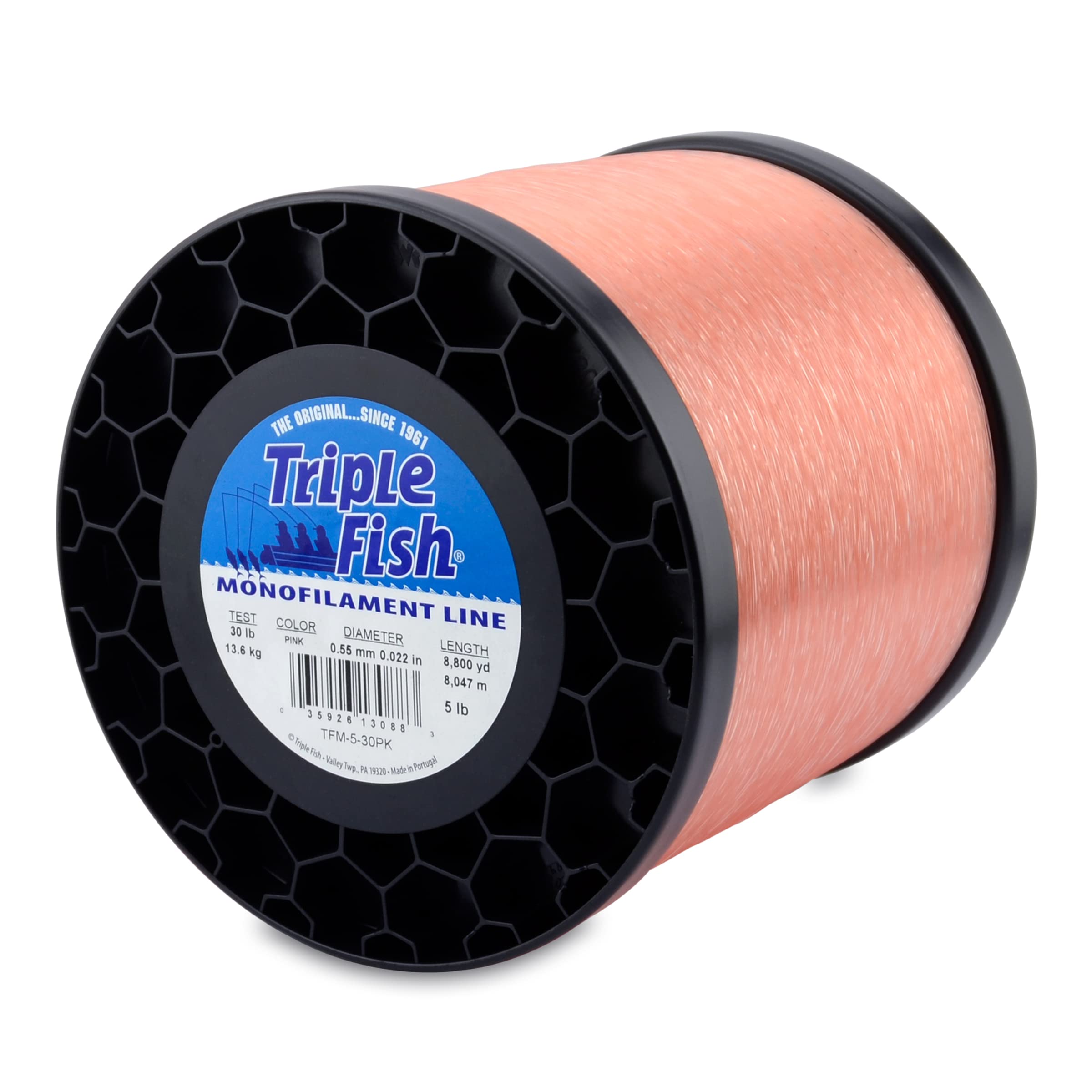 Triple Fish monofilament line pink spool showing long 8800 yd length for versatility.
