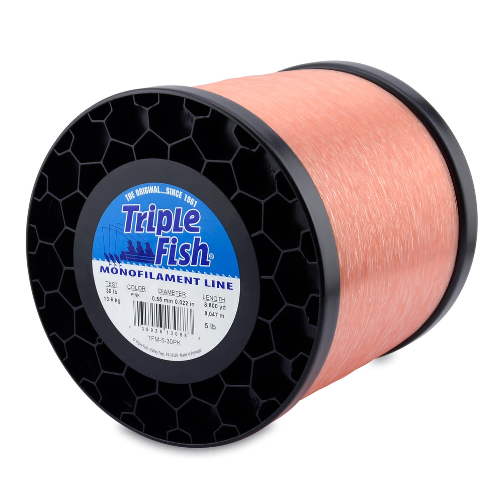 Triple Fish monofilament line pink spool showing long 8800 yd length for versatility.