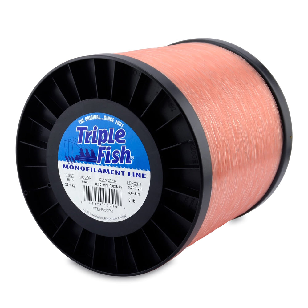 Triple Fish monofilament line pink spool close-up shows high knot strength for bottom fishing