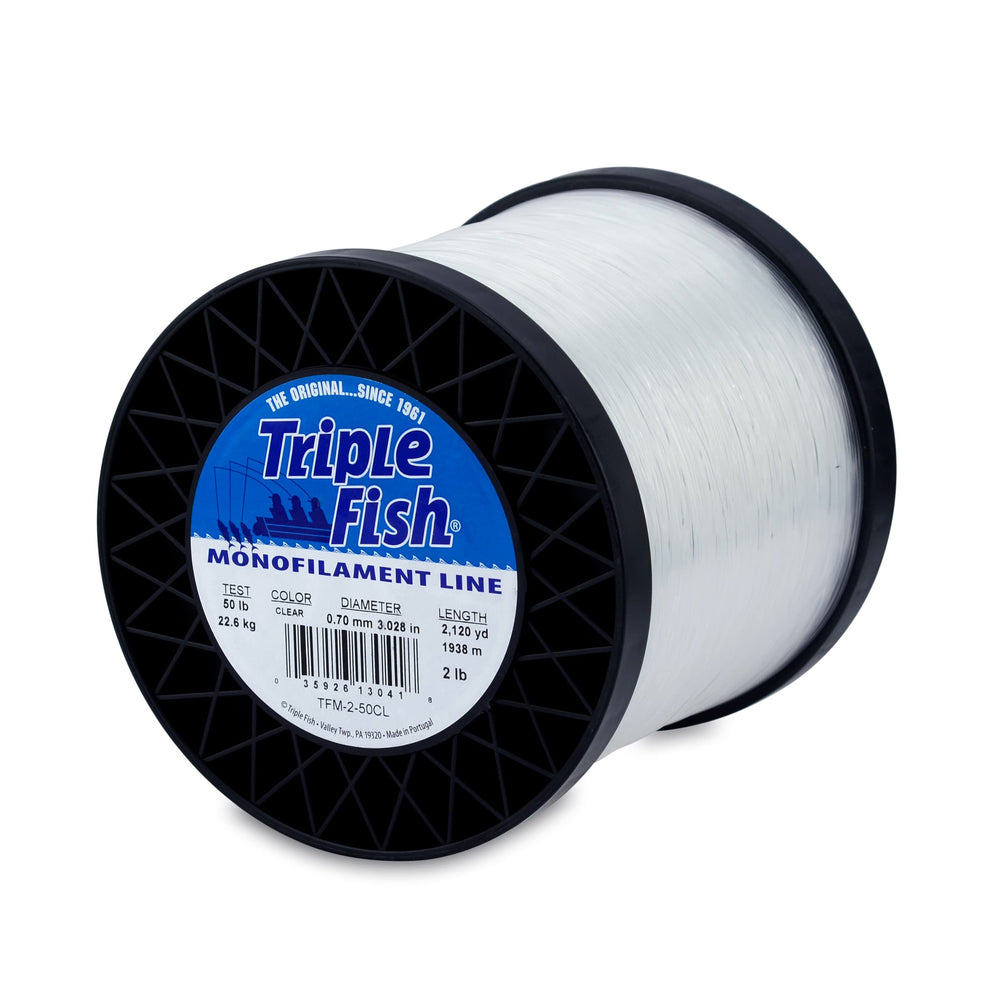Triple Fish monofilament line spool setup demonstrates secure knot potential.