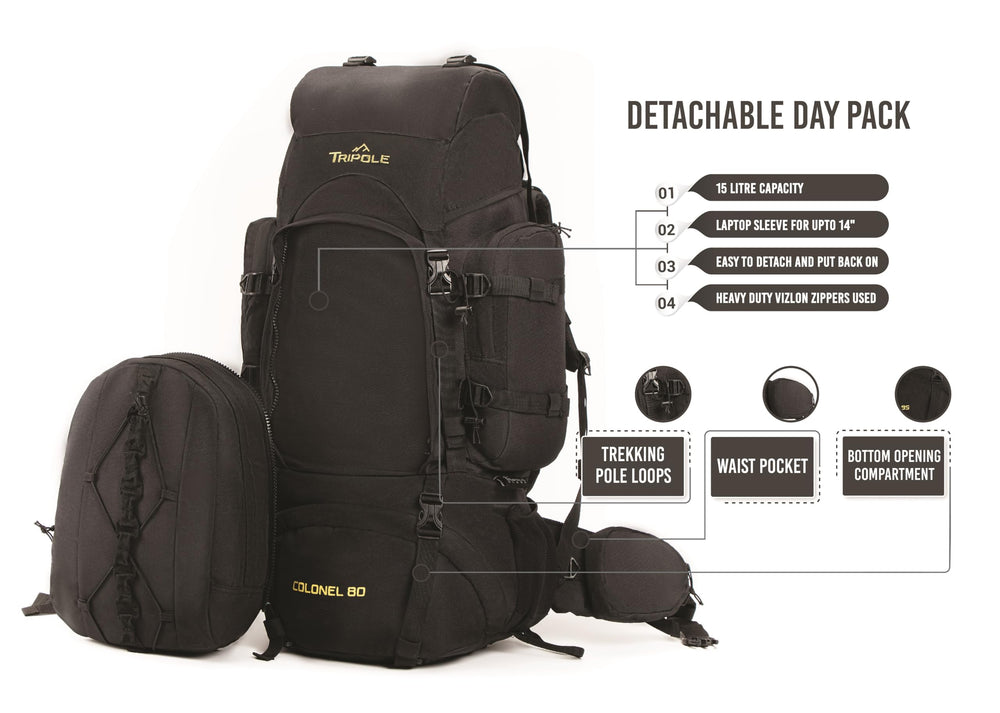 Tripole Colonel 80L detachable day pack enables quick transitions for day trips.