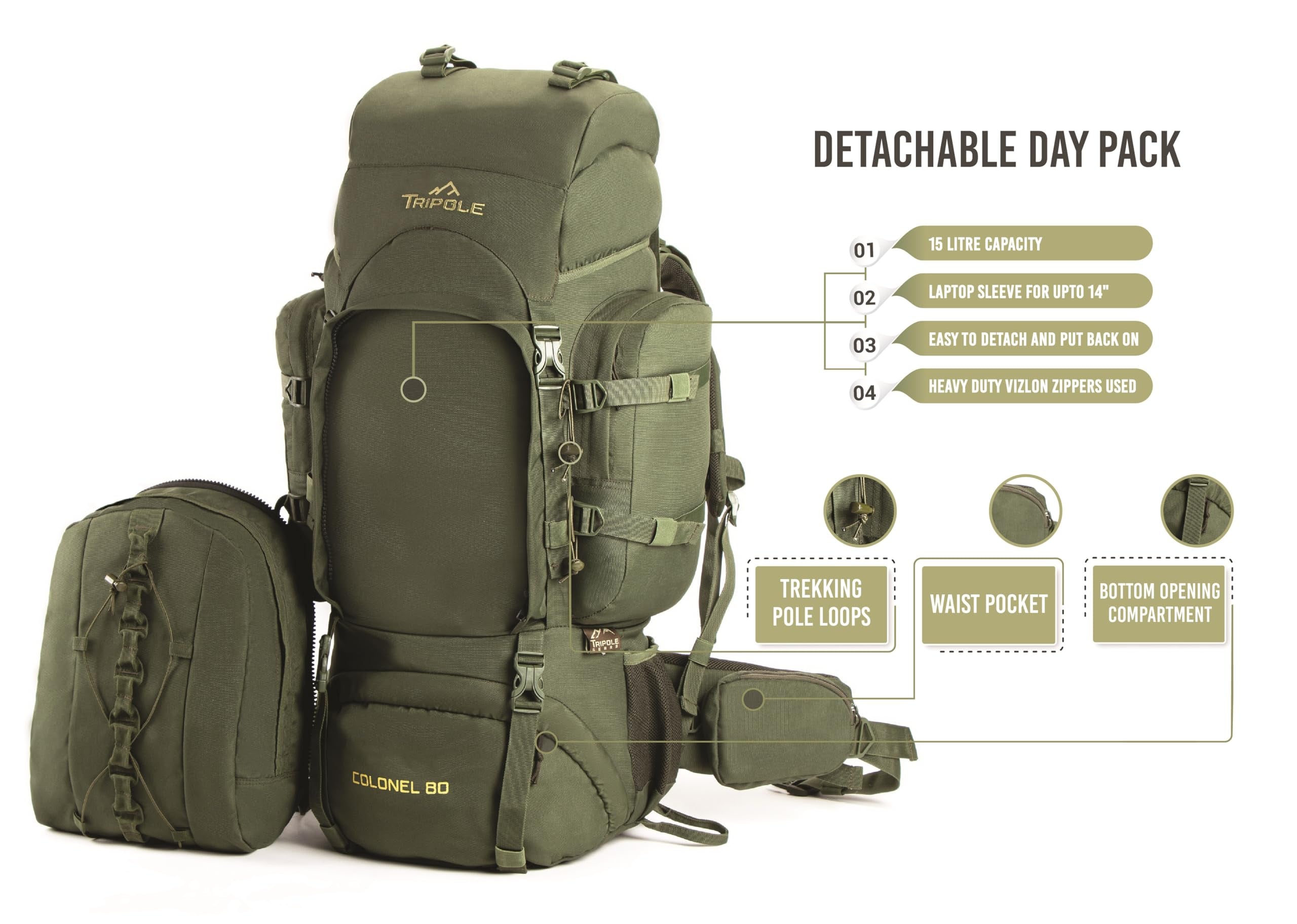 Tripole Colonel 80L rain cover stowed protects gear