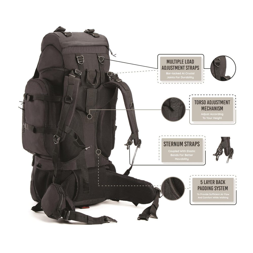 Tripole Colonel 80L rain cover stowed in base pocket keeps gear dry.