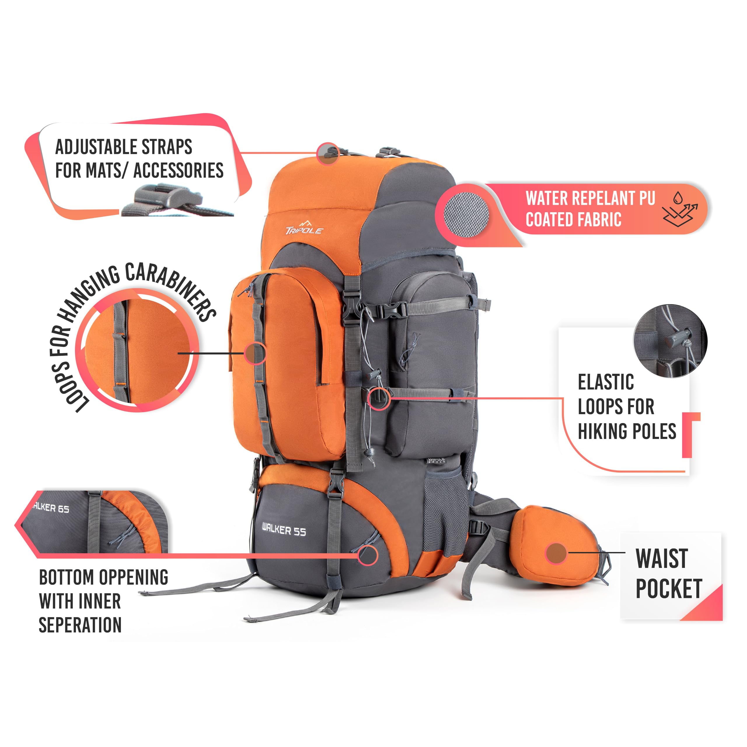 Tripole Walker Orange 55 bottom opening showcases shoe or sleeping bag storage for organized trips.