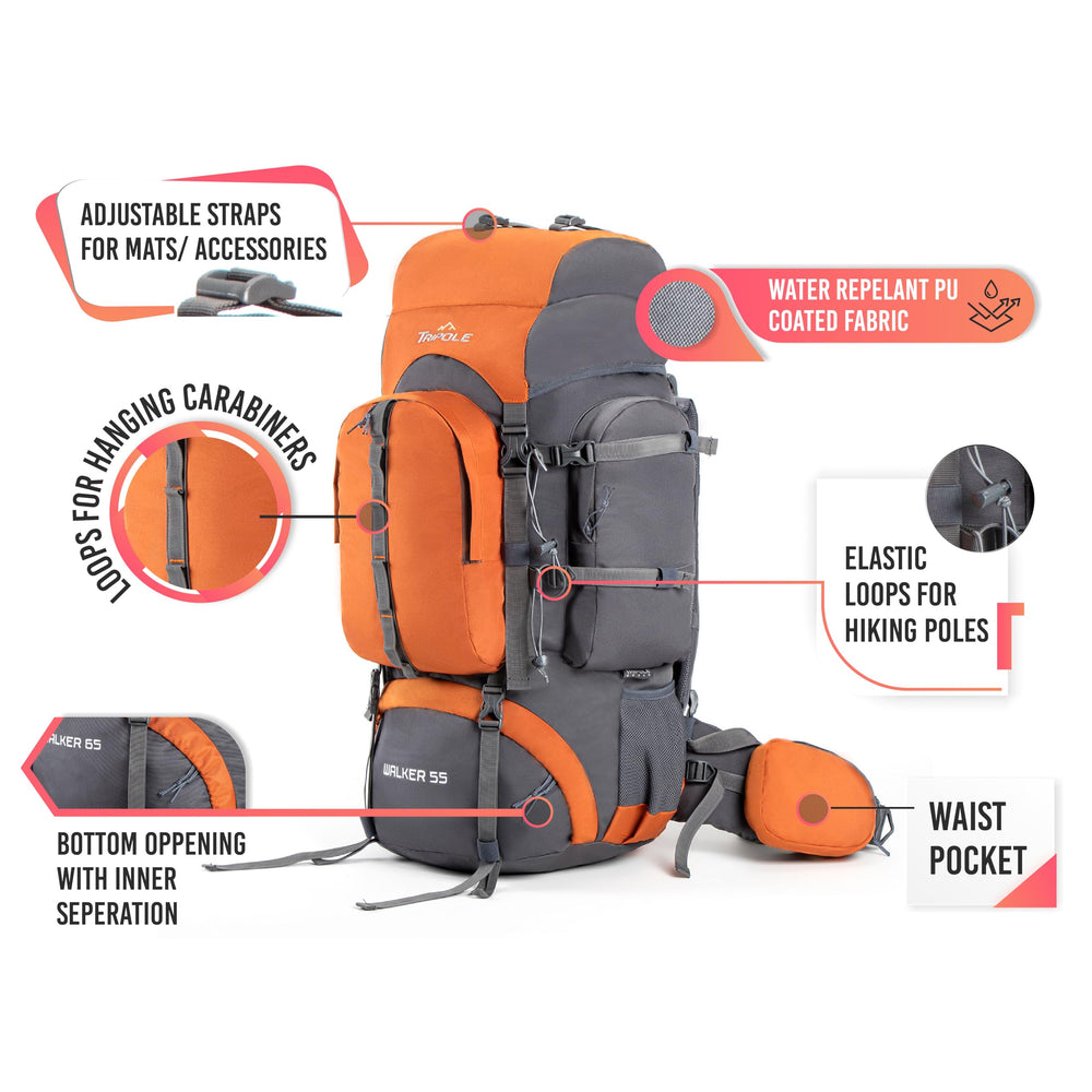 Tripole Walker Orange 55 bottom opening showcases shoe or sleeping bag storage for organized trips.