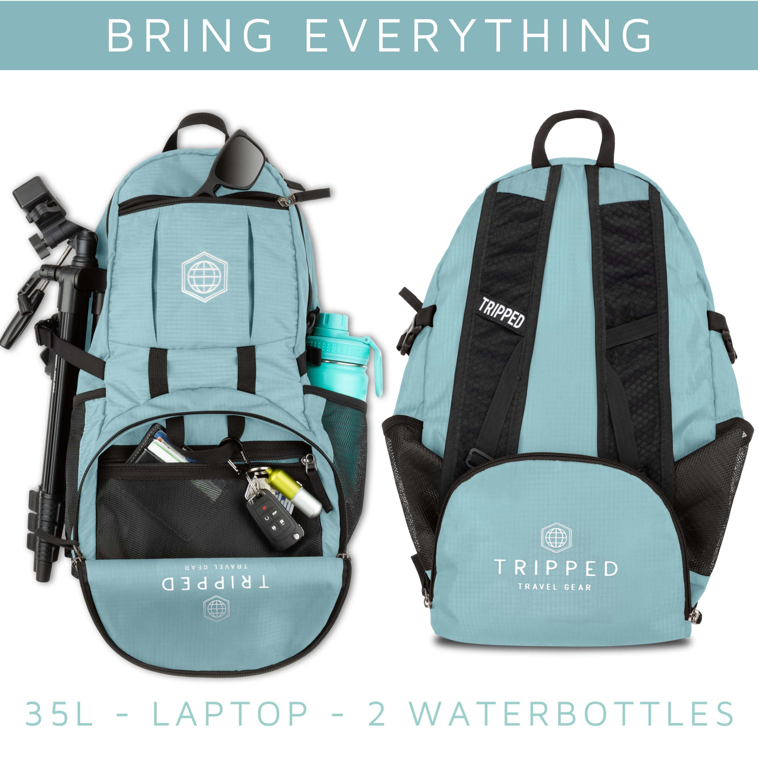 TRIPPED Travel Gear teal foldable backpack interior pockets keep keys, wallets, and passports organized.