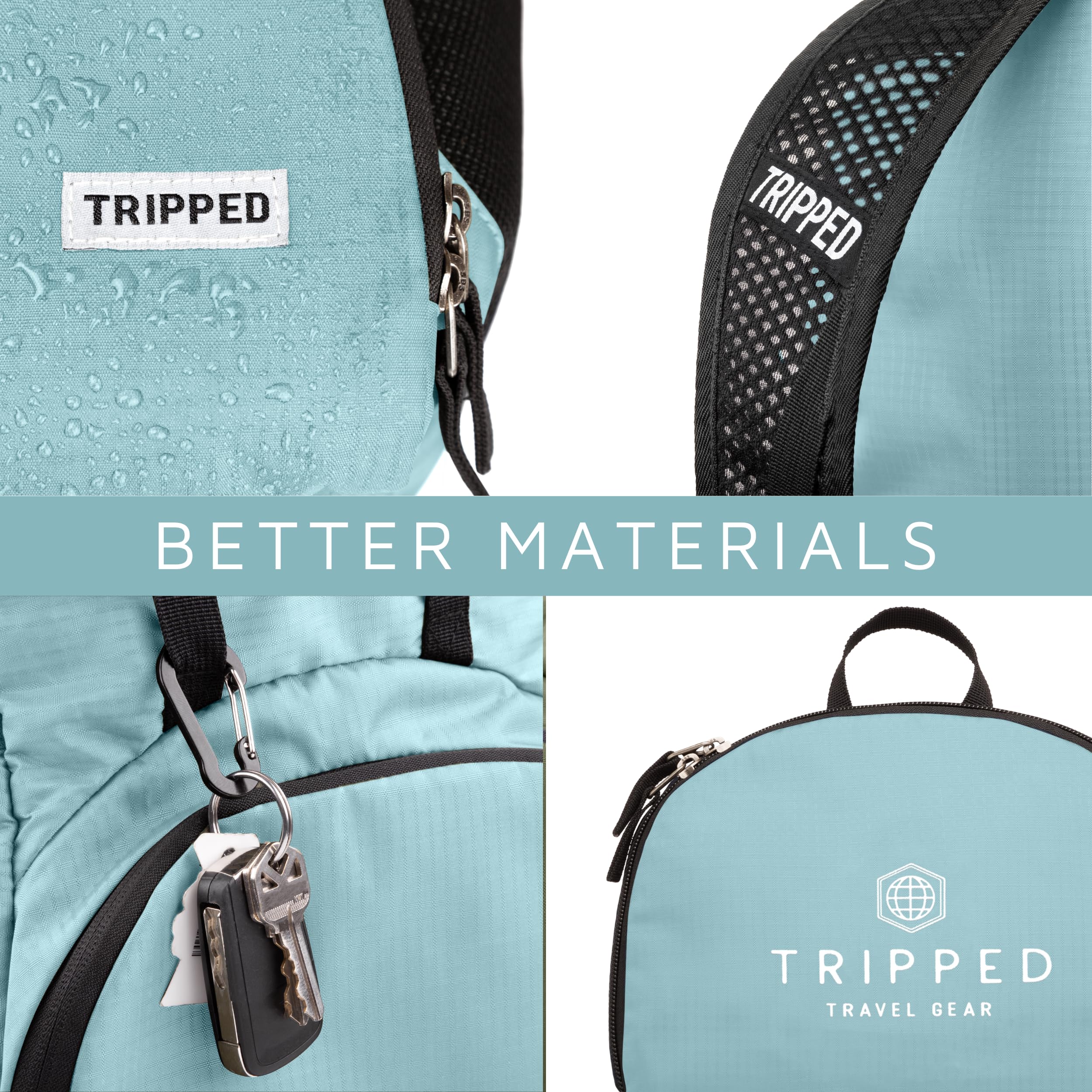 TRIPPED Travel Gear teal foldable backpack microfiber top pocket protects sunglasses on the go.