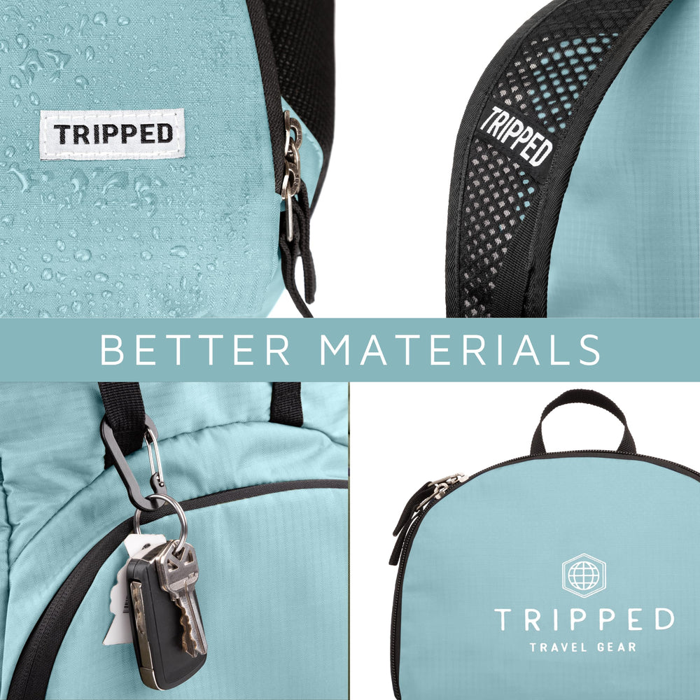 TRIPPED Travel Gear teal foldable backpack microfiber top pocket protects sunglasses on the go.