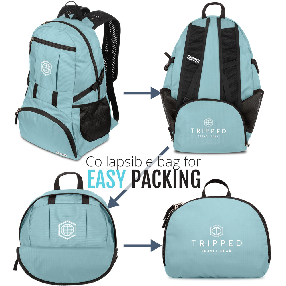 TRIPPED Travel Gear teal foldable backpack packed in suitcase demonstrates ultra-compact packing.