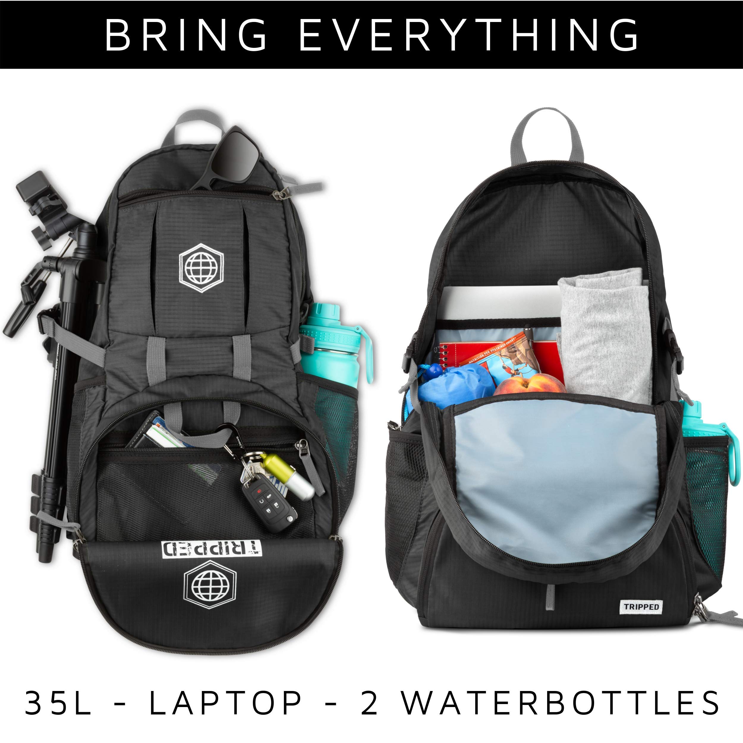 TRIPPED Travel Gear 35L capacity with multiple pockets for keys, passports, cameras.