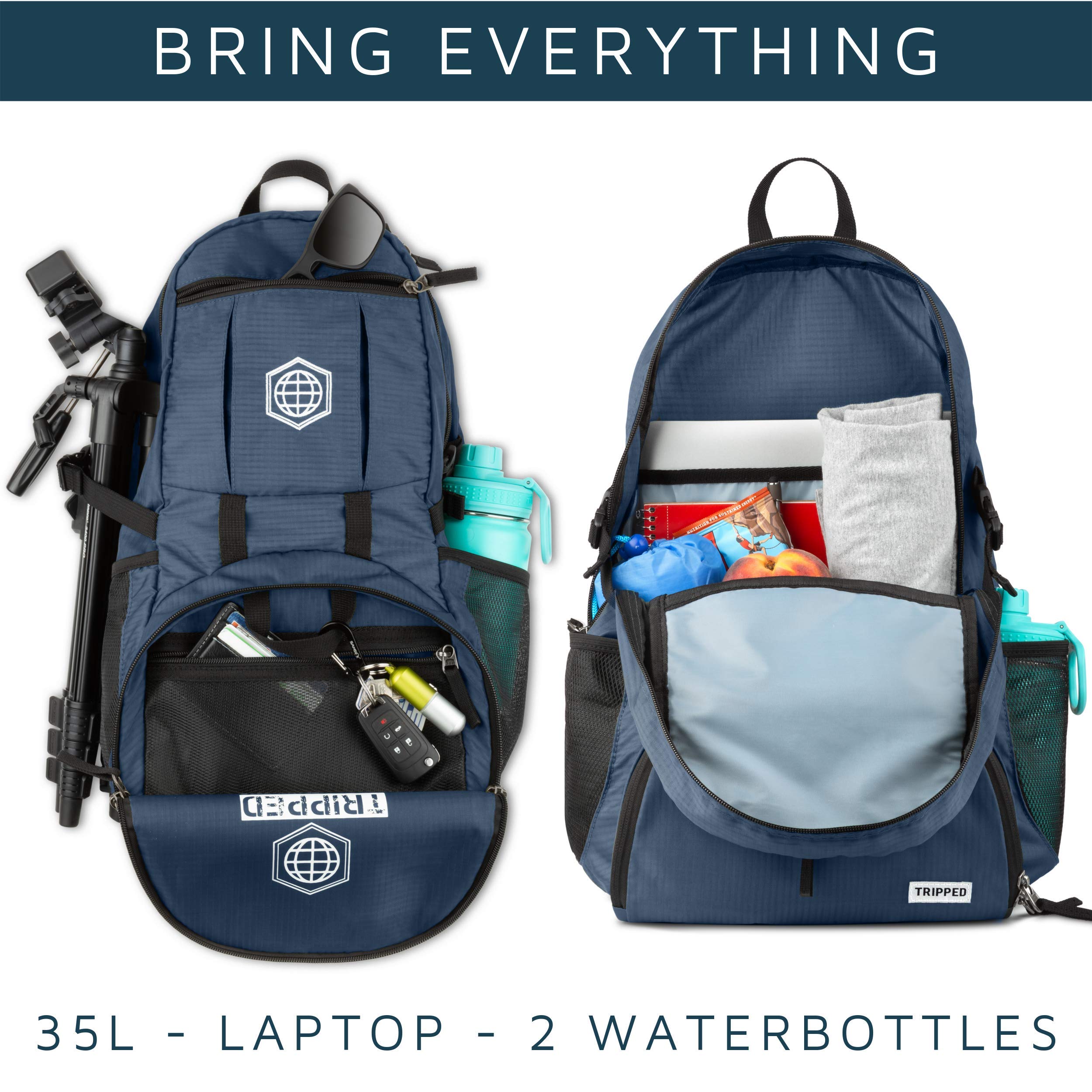 TRIPPED Travel Gear 35L backpack with sunglasses pocket keeps essentials organized.