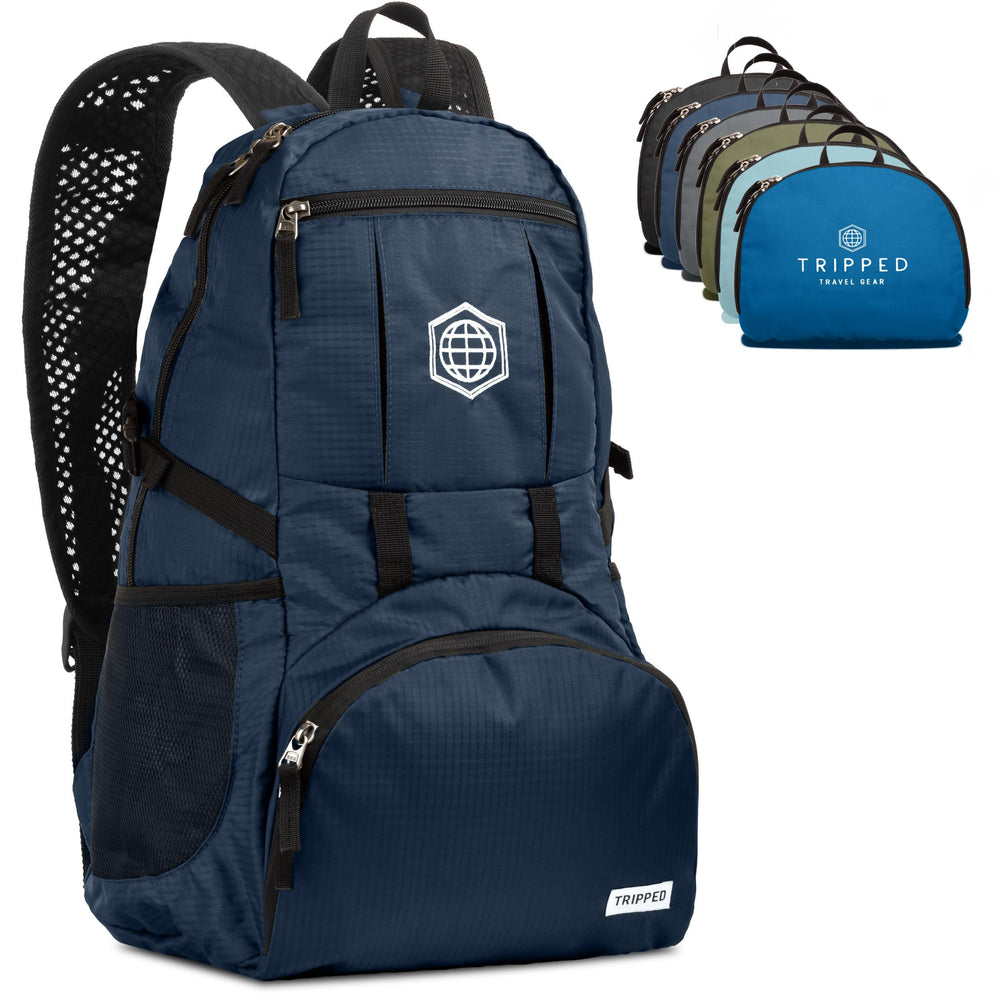 TRIPPED Travel Gear blue foldable backpack ready to pack light travel gear.