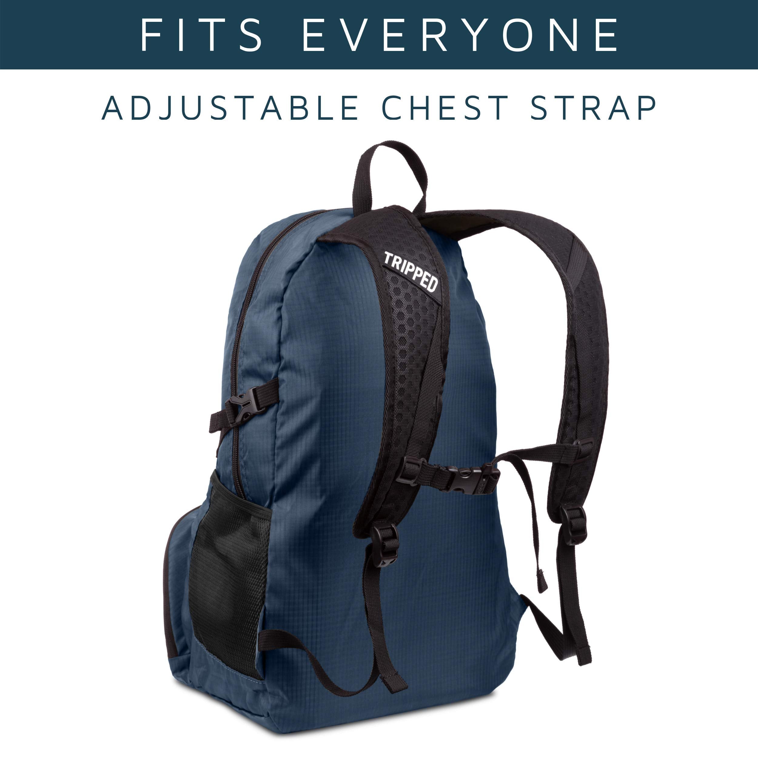 TRIPPED Travel Gear blue travel backpack with luggage straps for easy airport use.