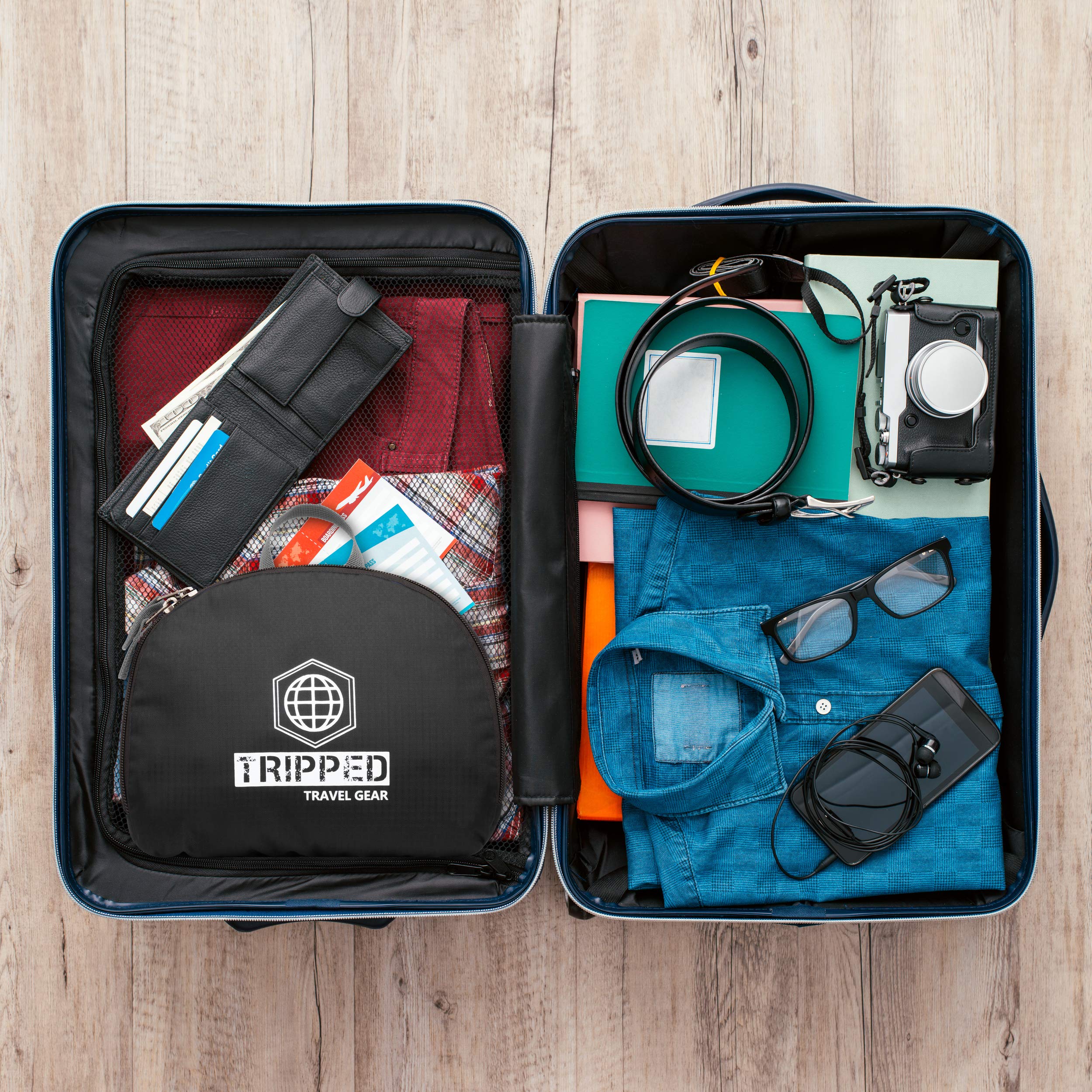 TRIPPED Travel Gear microfiber top pocket protects sunglasses during day trips.