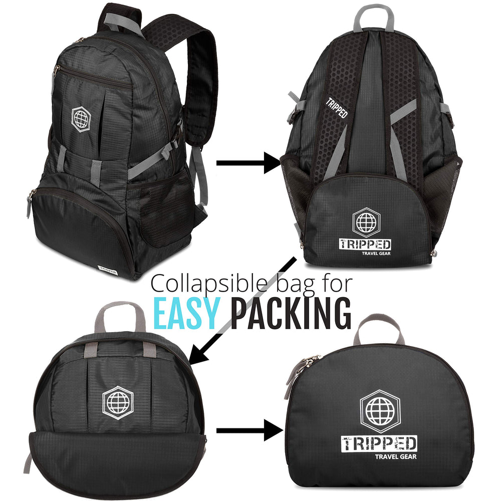 TRIPPED Travel Gear packable backpack folded compact storage fits suitcase and easy trips.