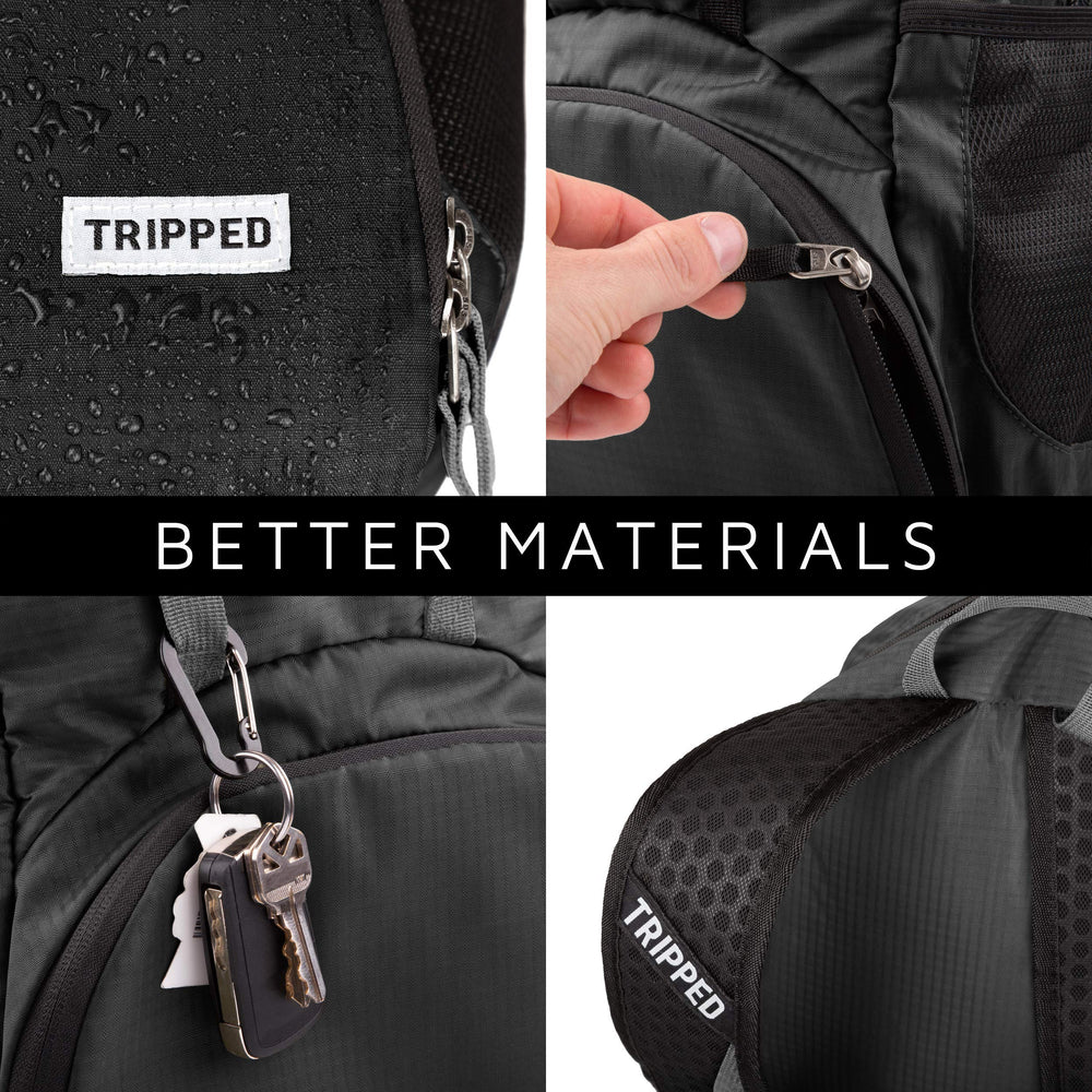 TRIPPED Travel Gear tear-resistant ripstop fabric stands up to travel wear.