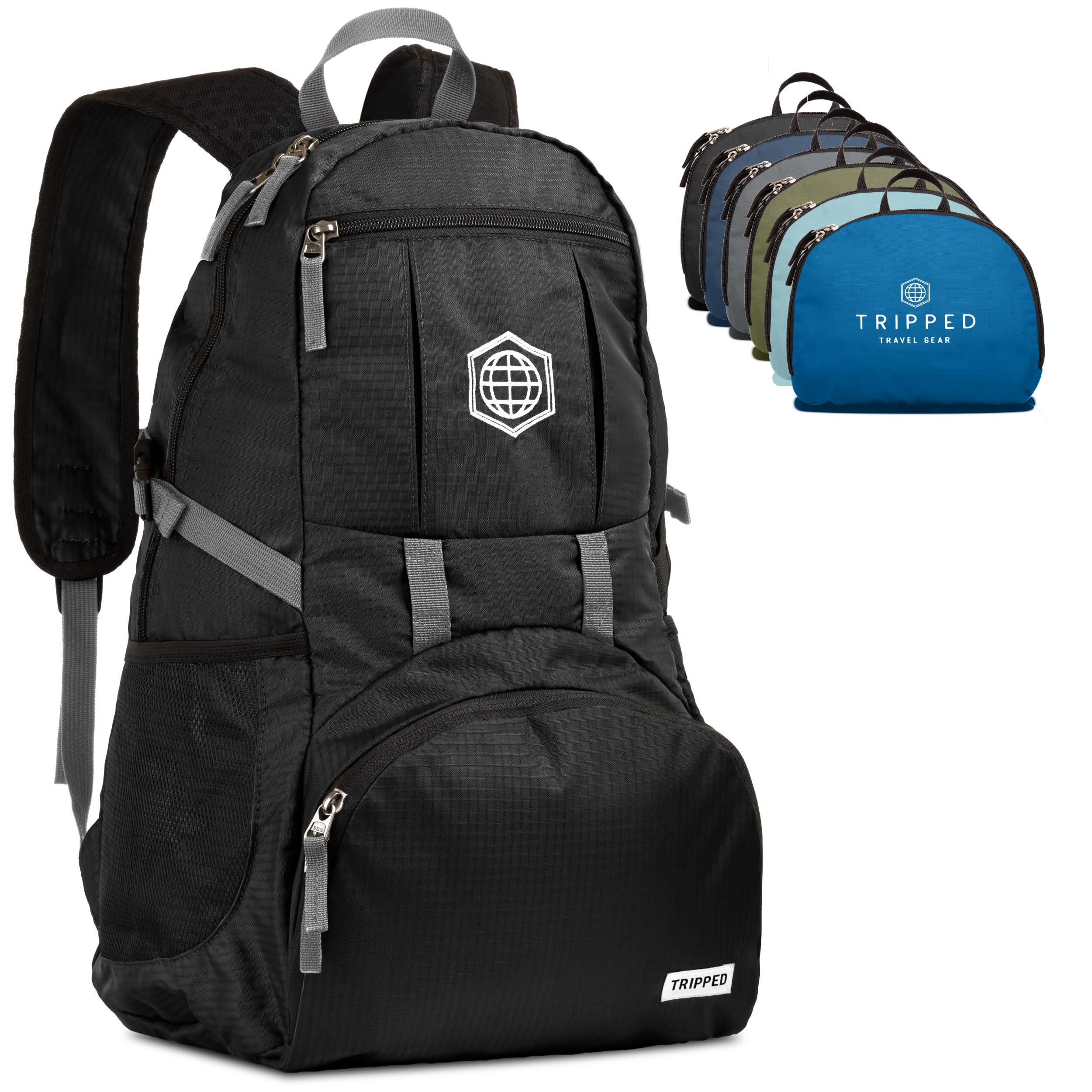 TRIPPED Travel Gear traveling backpack foldable black 35L ready for carry-on adventures.