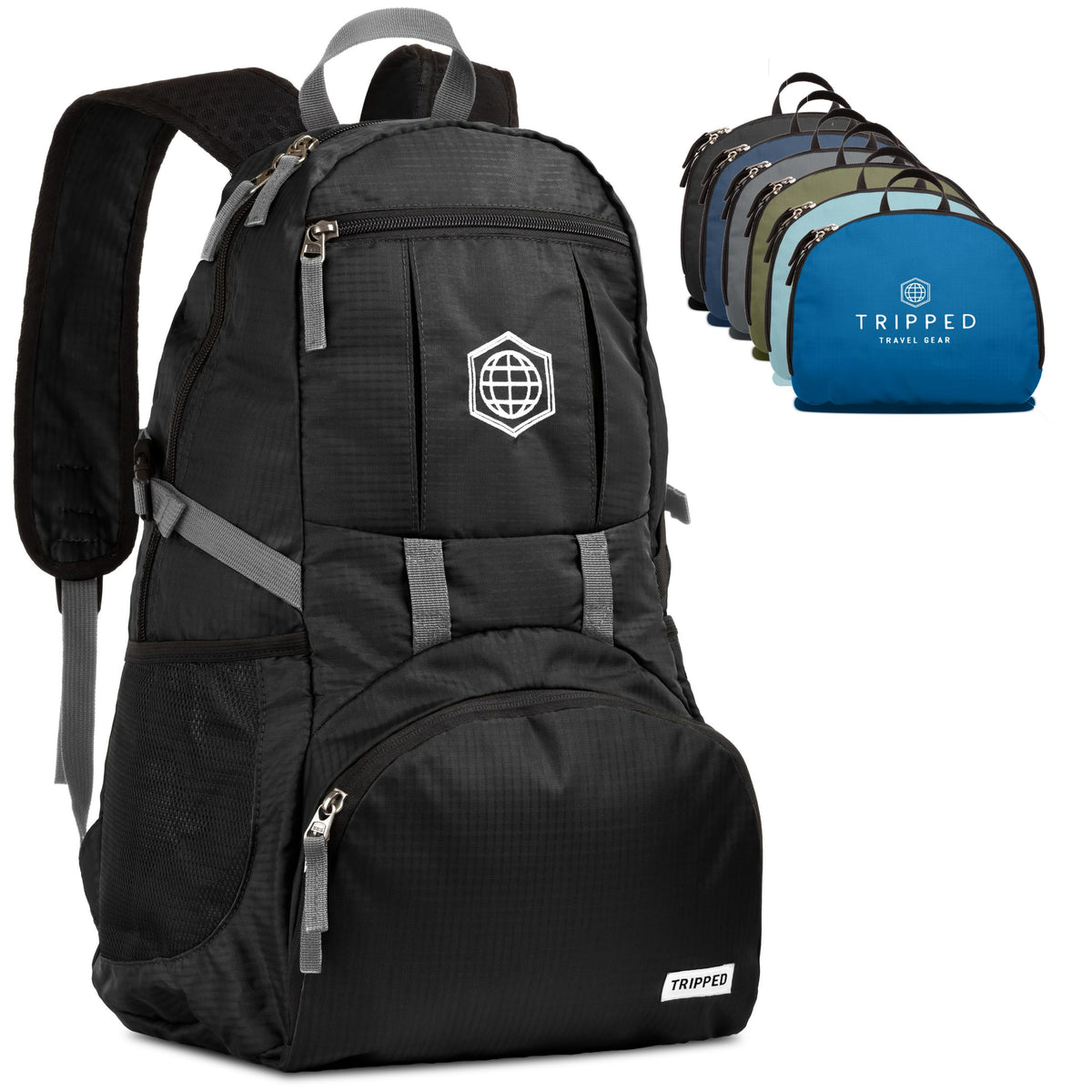 TRIPPED Travel Gear traveling backpack foldable black 35L ready for carry-on adventures.