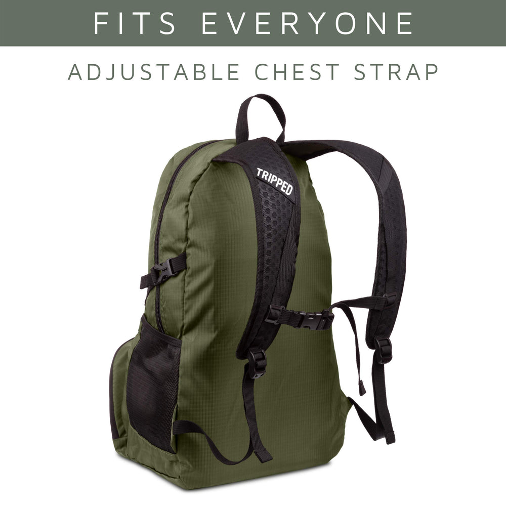 TRIPPED Travel Gear in-use on beach scene conveys lightweight carry during sunny getaways