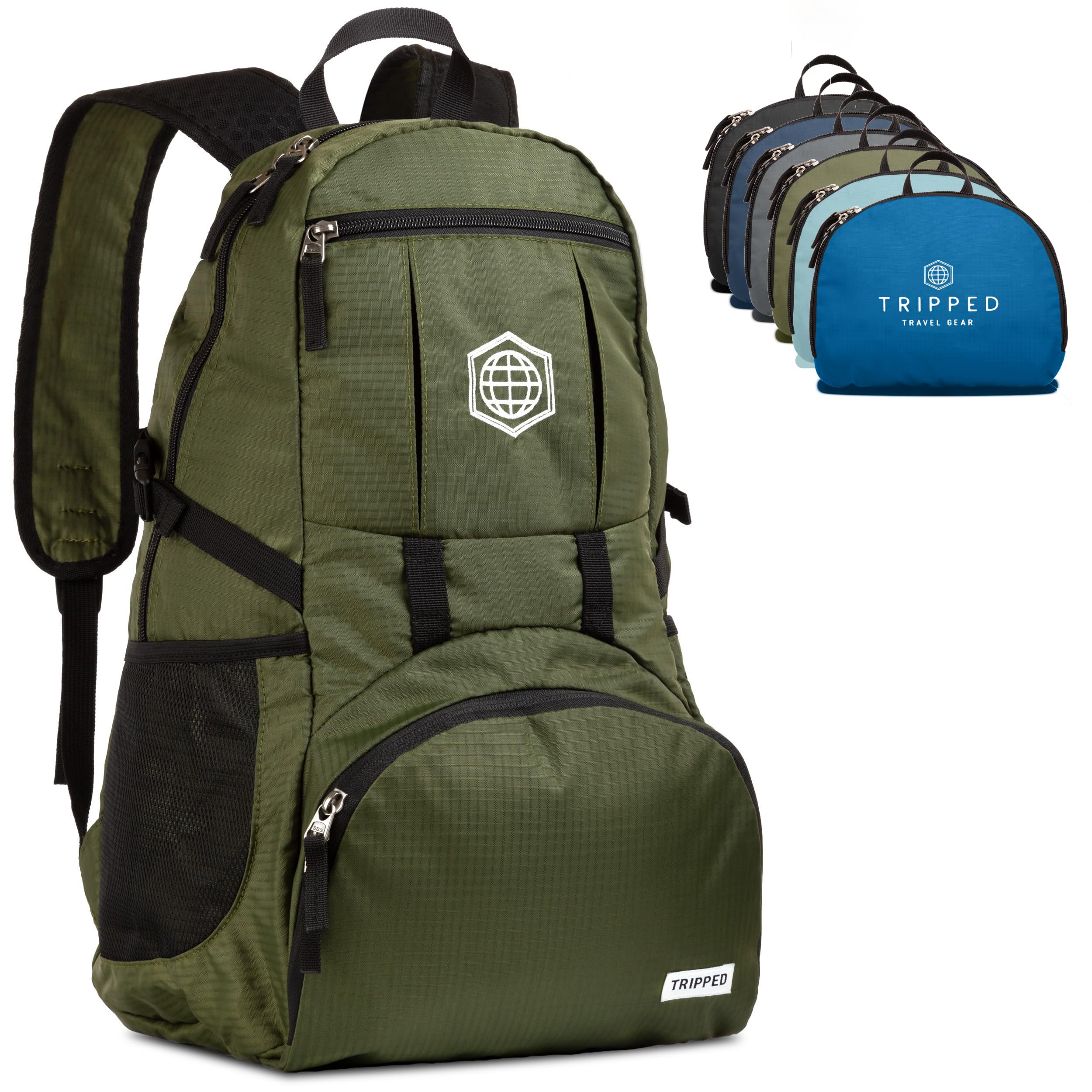 TRIPPED Travel Gear traveling backpack foldable front view highlights 35L capacity for day trips